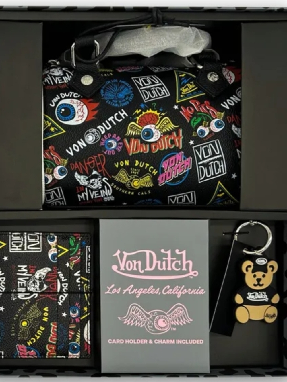 Limited Edition Von Dutch Jax Black Bag, Cardholder & Charm